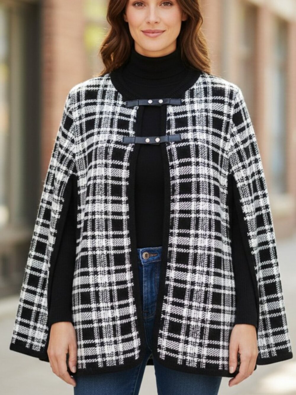 Skovhuss *Danish* Black Plaid Cotton Blend Leather Closure Cape - Picture 15 of 15